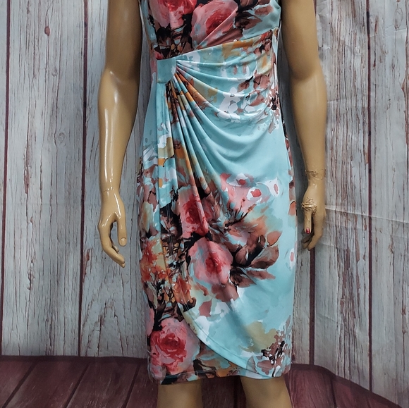 Connected Apparel Floral Print Ruched Wrap Look Midi Dress - Picture 11 of 14